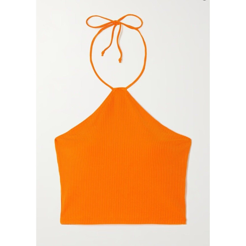 Reformation Aversa Orange Cropped Top XS Ribbed Stretch Knit Halter Neck